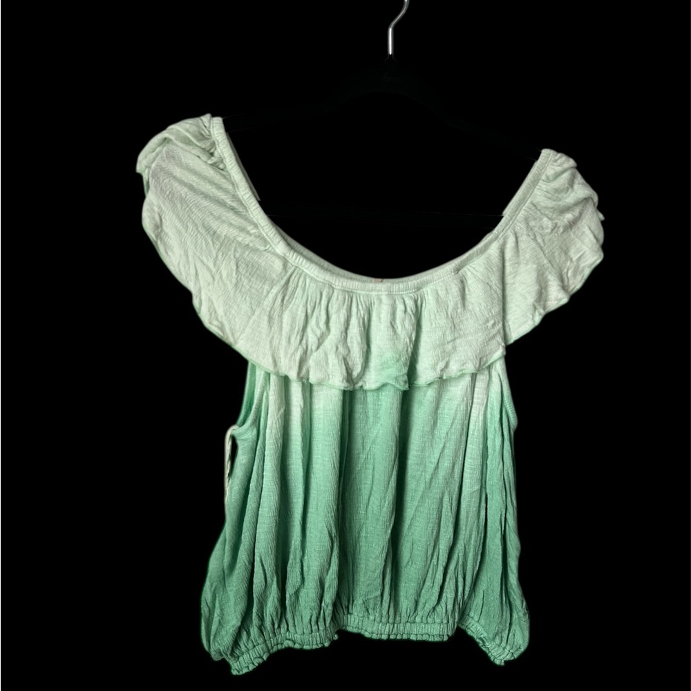 Free People Flutter Sleeve Ruffled Blouse in White and Green